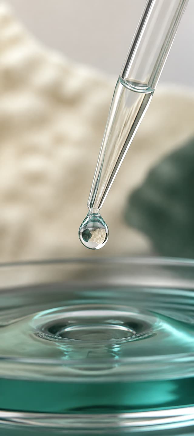 Laboratory pipette above a clear teal-tinted liquid