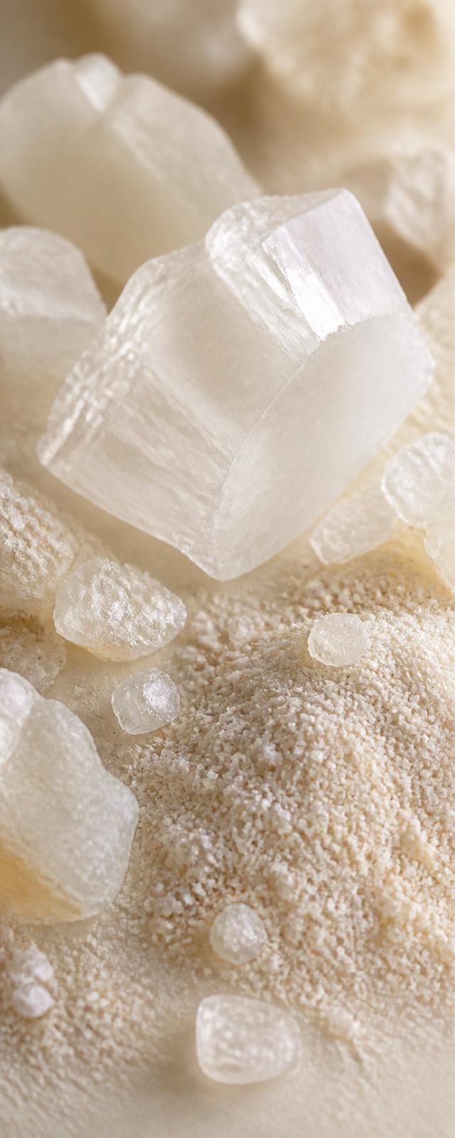 Close view of pale mineral crystals and granules