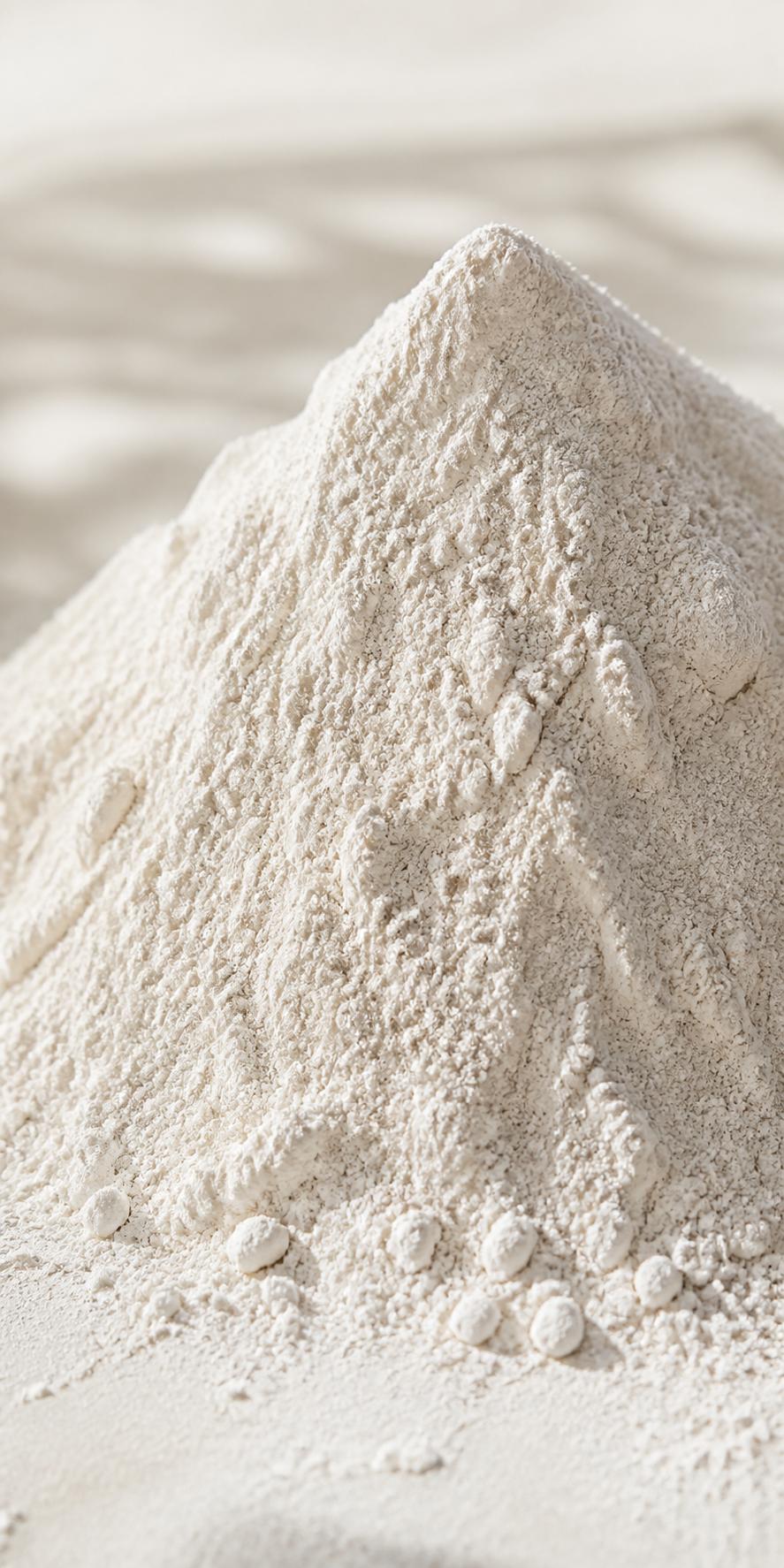 Close-up of fine white mineral powder forming a textured mound