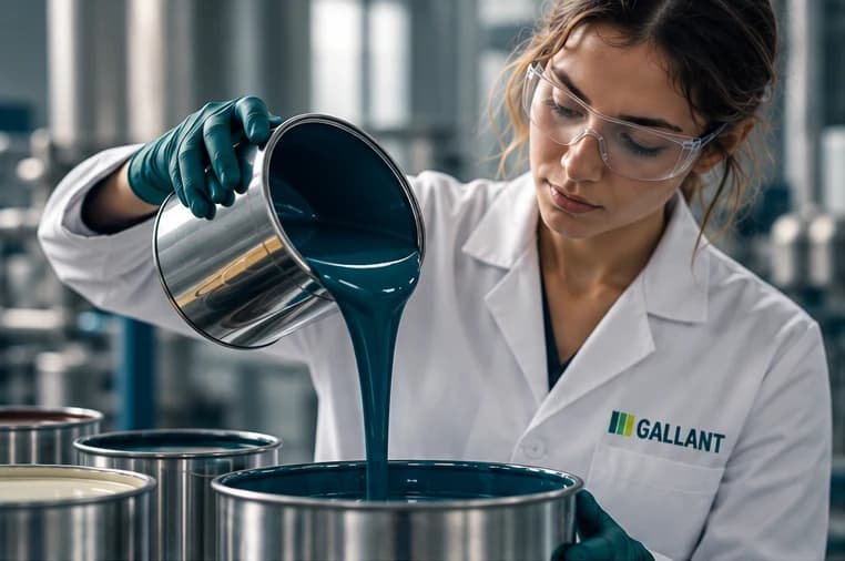 Laboratory technician pouring teal coating into a metal container