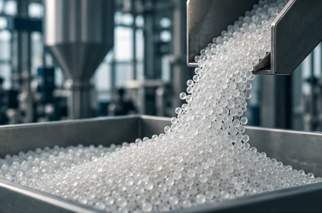 Translucent polymer granules flowing from industrial equipment
